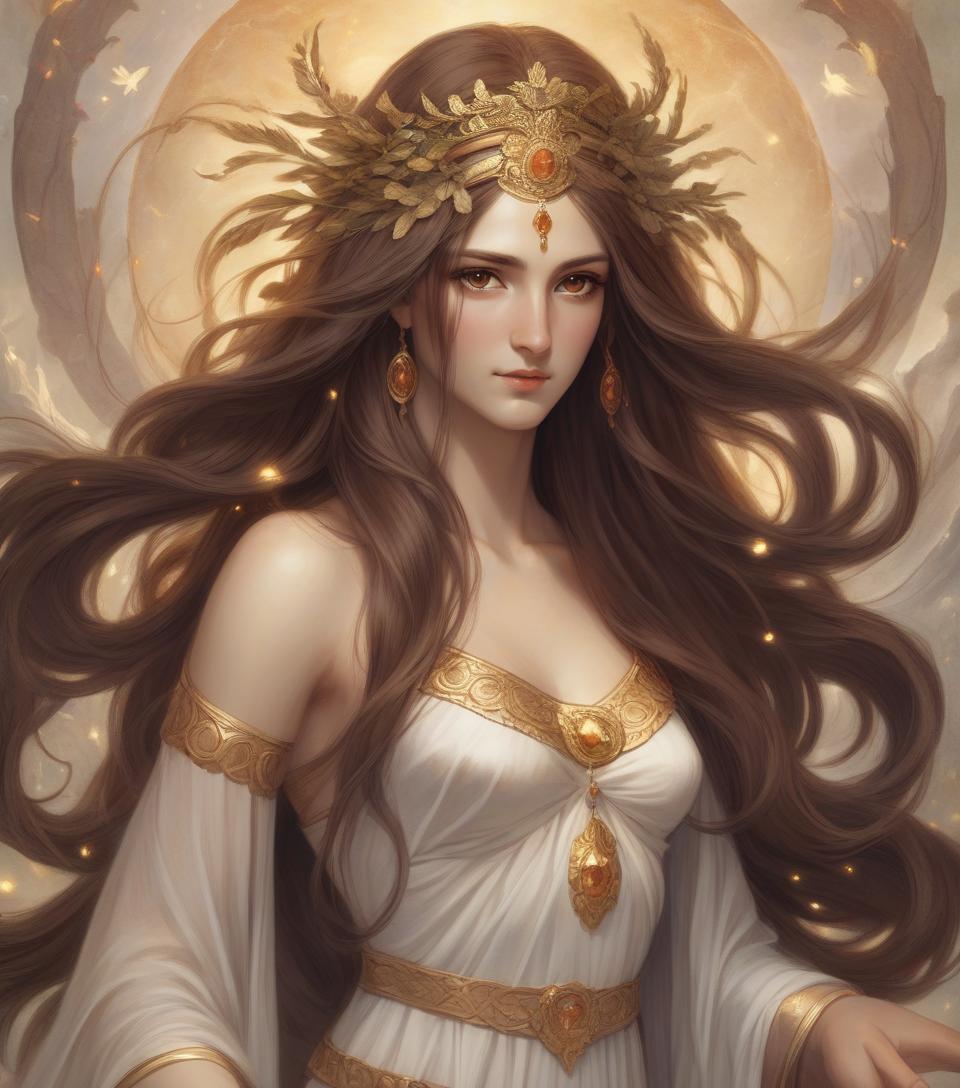  goddess of youth, with long hair and brown eyes, mythology artwork