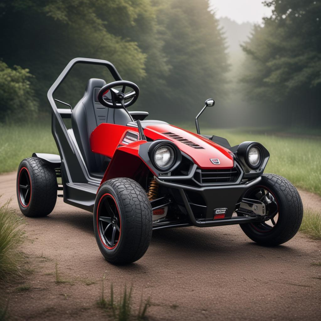  A lawnmower converted into a mini go-kart. The design should show a small, fun vehicle with the basic structure of a lawnmower, but modified with a seat, steering wheel, and appropriate bodywork to look like a go-kart. The wheels should be more robust and appropriate for a racing go-kart. Include some realistic details like side mirrors, a small exhaust, and a color scheme that makes it look sporty like a racing car. hyperrealistic, full body, detailed clothing, highly detailed, cinematic lighting, stunningly beautiful, intricate, sharp focus, f/1. 8, 85mm, (centered image composition), (professionally color graded), ((bright soft diffused light)), volumetric fog, trending on instagram, trending on tumblr, HDR 4K, 8K