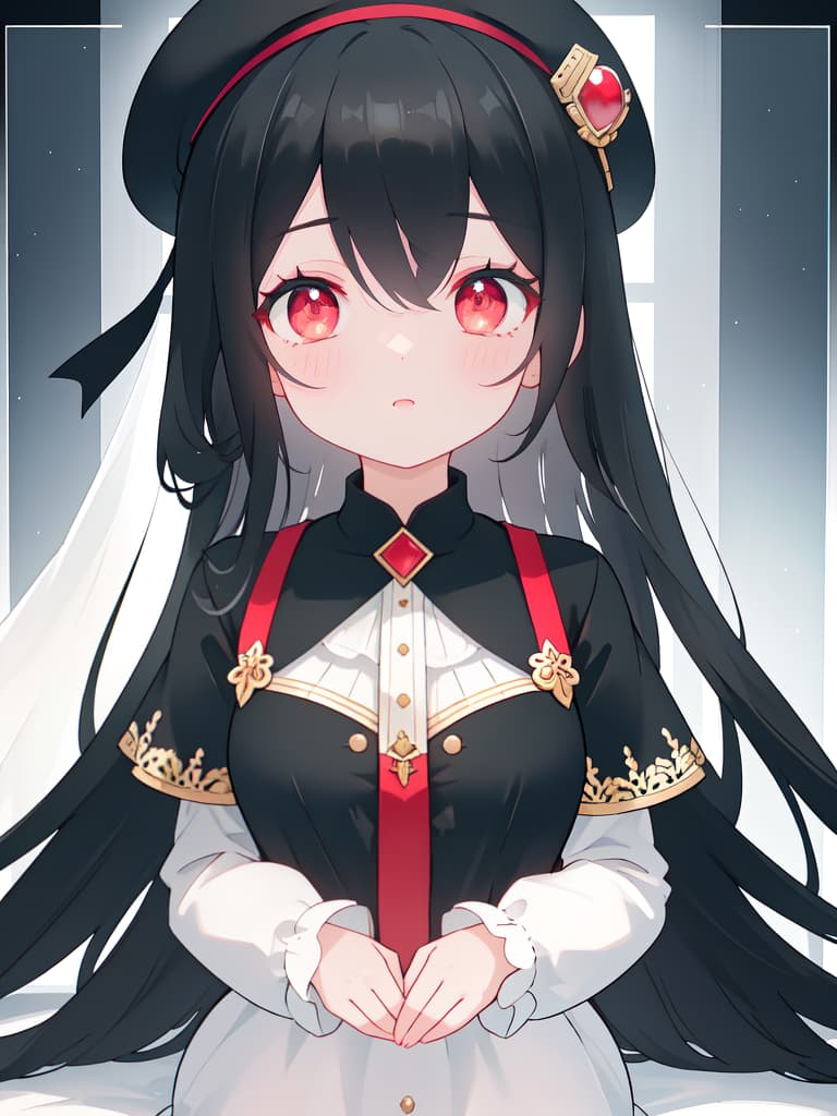  cute girls, black hair, red eyes, black chest are sparse, more hair, cute face from chest, big eyes, beret, surprising face, masterpiece, best quality,8k,ultra detailed,high resolution,an extremely delicate and beautiful,hyper detail hyperrealistic, full body, detailed clothing, highly detailed, cinematic lighting, stunningly beautiful, intricate, sharp focus, f/1. 8, 85mm, (centered image composition), (professionally color graded), ((bright soft diffused light)), volumetric fog, trending on instagram, trending on tumblr, HDR 4K, 8K