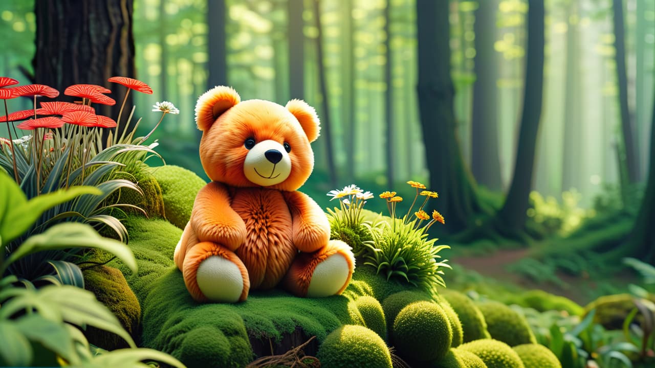  an inviting woodland scene featuring a variety of stuffed animals made from natural fibers, surrounded by lush greenery, soft moss, and wildflowers, highlighting eco friendly materials and biodegradable elements in a serene, sunlit environment. hyperrealistic, full body, detailed clothing, highly detailed, cinematic lighting, stunningly beautiful, intricate, sharp focus, f/1. 8, 85mm, (centered image composition), (professionally color graded), ((bright soft diffused light)), volumetric fog, trending on instagram, trending on tumblr, HDR 4K, 8K