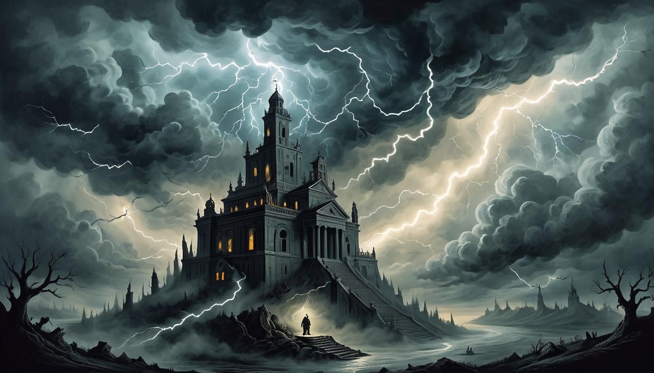  on parchment, surrealism+++, dark, ominous sky, swirling clouds, god like figure amongst lightning, divine judgment, unavoidable retribution(mysterious, provocative, symbolic,muted color)+++