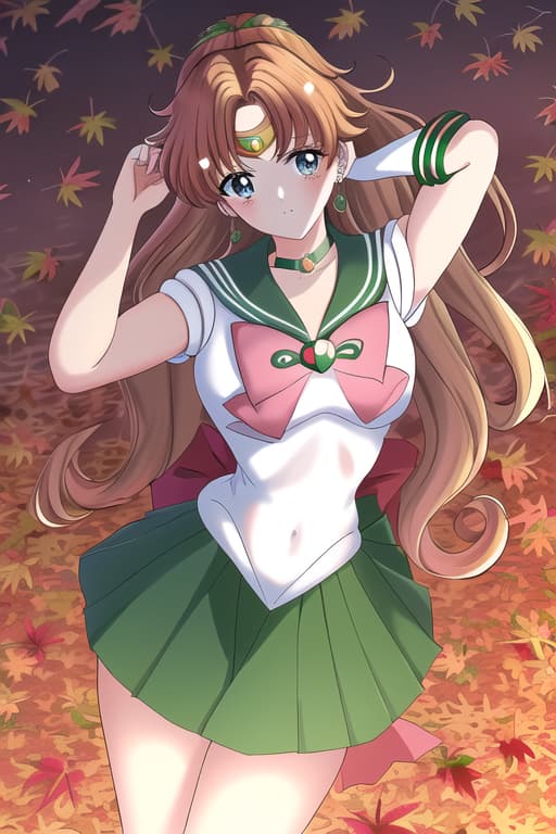  anime women capelli marroni occhi castani capelli a codini con frangetta top con scritto los angeles e cargo neri,(sailor jupiter:1.3), (masterpiece), (highest quality), (intricate), (high detail),autumn women, autumn, falling leaves, masterpiece, best quality, high quality, solo