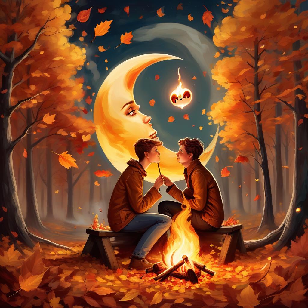  digital painting with elements of oil paints. a couple in love in an autumn forest by a fire roasting marshmallows on sticks, a date with benefits, a humorous cheerful look, loving eyes and hearts, autumn leaves caught by the wind swirl near them, a romantic large moon in the sky, comicbook, comicbook style