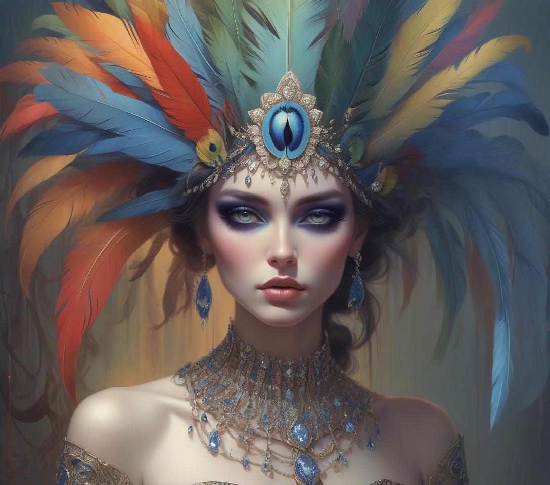  hyper realistic, hyper detailed fantasy art; elegant, intricate, detailed, symmetrical face, accurate anatomy and eyes by tom bagshaw, magali villenueve; karol bak, of a beautiful woman with colorful parrot feather headdress and shoulder jewelry, diamonds, sapphires, insanely detailed, artgerm, wlop, tom bagshaw, magali villenueve; karol bak, photograph taken on nikon d750, intricate, digital illustration