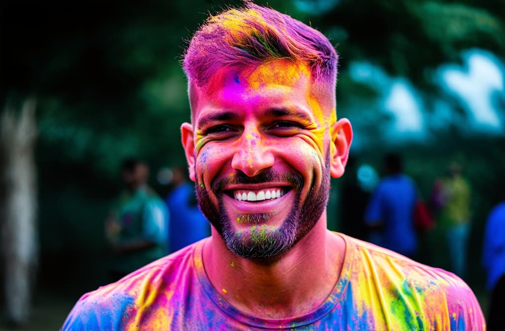  professional detailed photography, portrait of a smiling man at the holi festival with colorful paints ar 3:2, (muted colors, dim colors, soothing tones), (vsco:0.3)