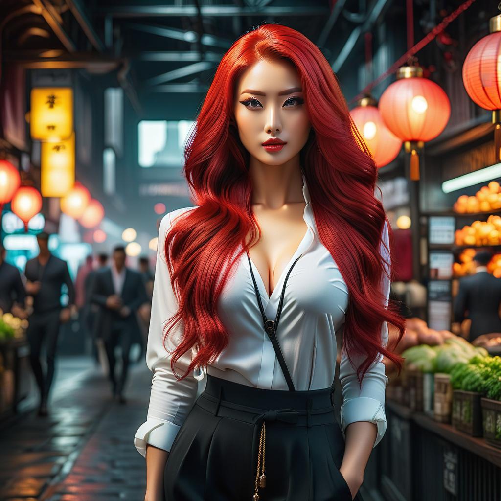  young with bright red long hair, european appearance with asian eyes, , full length hyperrealistic, full body, detailed clothing, highly detailed, cinematic lighting, stunningly beautiful, intricate, sharp focus, f/1. 8, 85mm, (centered image composition), (professionally color graded), ((bright soft diffused light)), volumetric fog, trending on instagram, trending on tumblr, HDR 4K, 8K