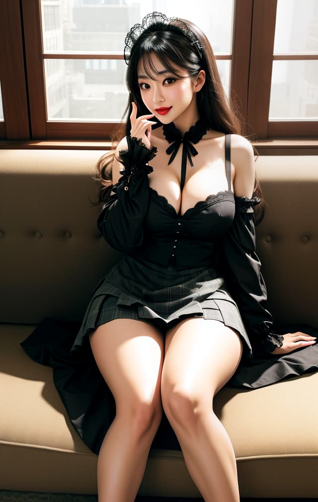  (32K, Real, RAW Photo, Best picture quality: 1.4), (((Beautiful big eyes, Double eyelids))), (((Actress: Nozomi Honda,))), (((Big smile))), (Black hair), (Wavy long hair)), Full anatomical body, (Delicate and beautiful eyes: 1. 3)), (((Couch, big thighs))) (((Couch, big thigh-opening))), (((natural light))), (((Gothic Lolita fashion))), (((mini skirt))), (((thighs exposed))), (((natural light))), ,(((blow kiss, ))) hyperrealistic, full body, detailed clothing, highly detailed, cinematic lighting, stunningly beautiful, intricate, sharp focus, f/1. 8, 85mm, (centered image composition), (professionally color graded), ((bright soft diffused light)), volumetric fog, trending on instagram, trending on tumblr, HDR 4K, 8K