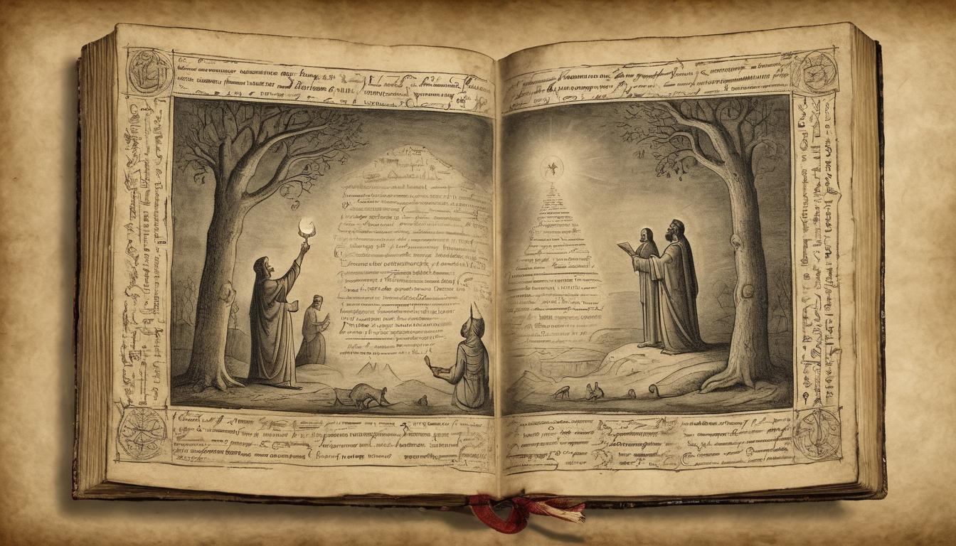  on parchment, surrealism++, ancient book being opened by a guiding hand, mystic light, figures looking on with reverence, sacred texts, guidance, knowledge sharing(mysterious, provocative, symbolic)++