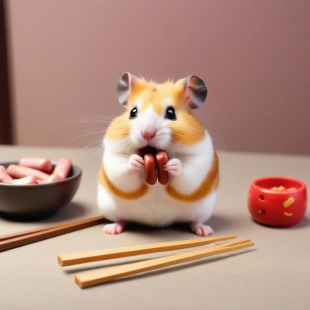  sad hamster eating sausage with chinese chopsticks, hkmagic