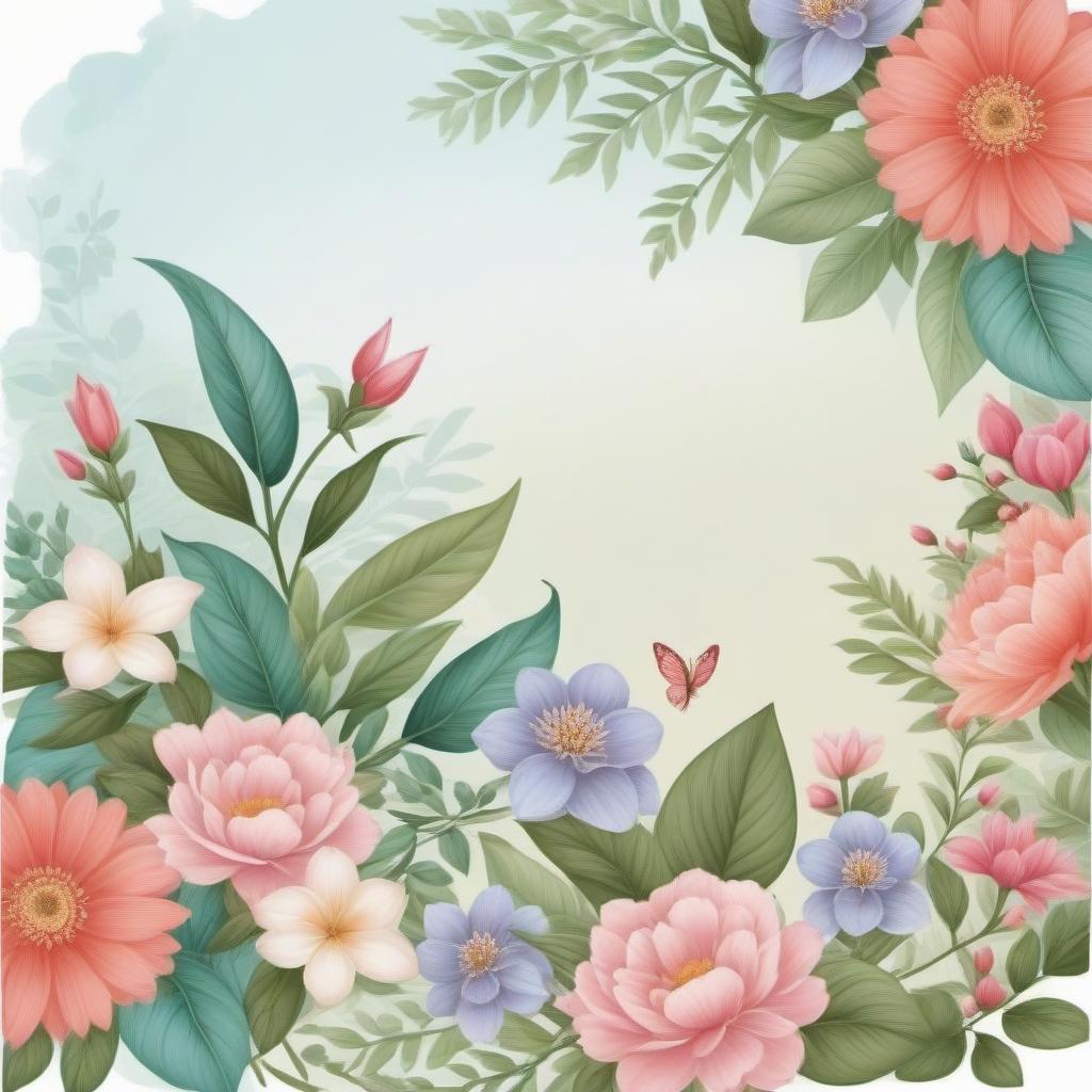  Draw a background for a greeting card. It should contain bed tones or a gradient of bed tones, patterns in the corner or on the sides of the postcard, options with different plants (flowers) are possible, there must be an empty space in the middle of the postcard.