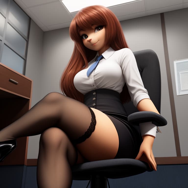  score_9, score_8_up, score_7_up, masterpiece, best quality, good quality, absurdres, smooth, source_furry, Expressiveh, office building, 1 girl, solo, SukiLanePXL, office clothing, nylon stockings, heels, sitting in the arm chair, legs crossed, looking down, looking at the viewer, front view, open eyes, masterpiece, 4k, fine details,