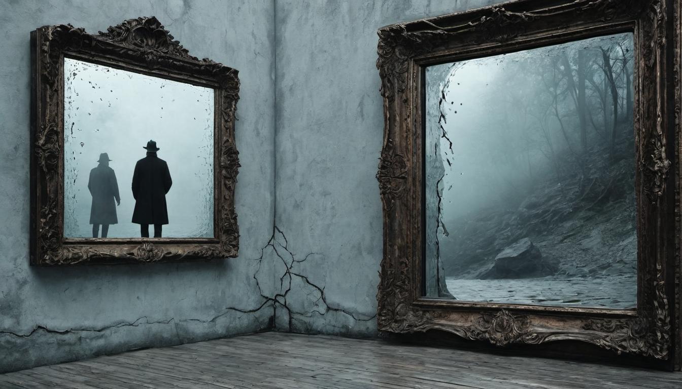  （surrealism)a mirror showing a distorted reflection of a person, fragments showing broken continuity, eerie mimicry, unsettling resemblance mystic, intricate details, best quality)