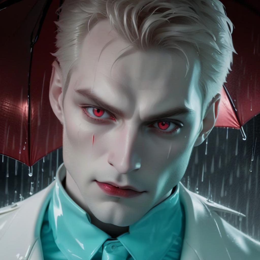  breathtaking adult male. vampire. pale skin. sharp features. dangerous look. beautiful eyes. in a white jacket. under a red umbrella. rain. . award winning, professional, highly detailed