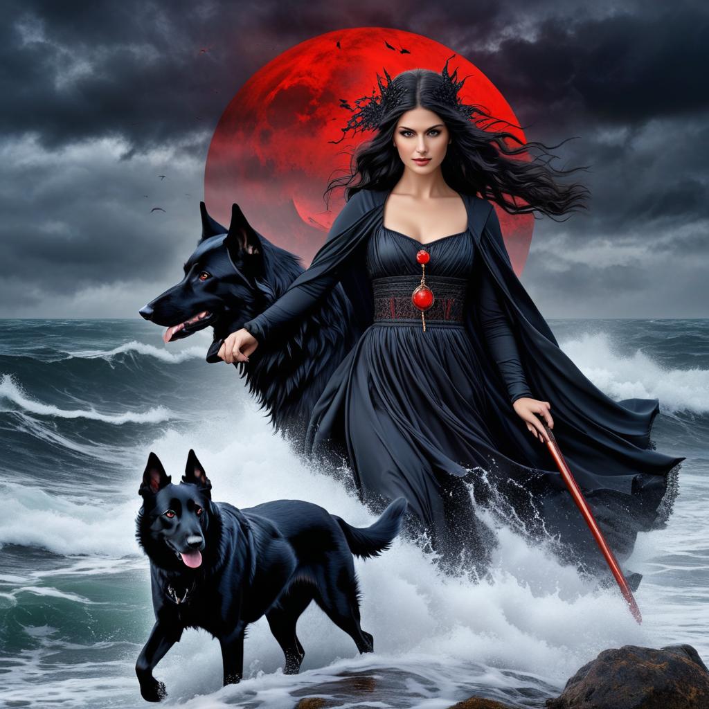  the goddess hecate with a black hound that has blood red eyes by a stormy sea photo realistic, highly intricate and detailed, masterpiece, ultra high res,photography,8k resolution