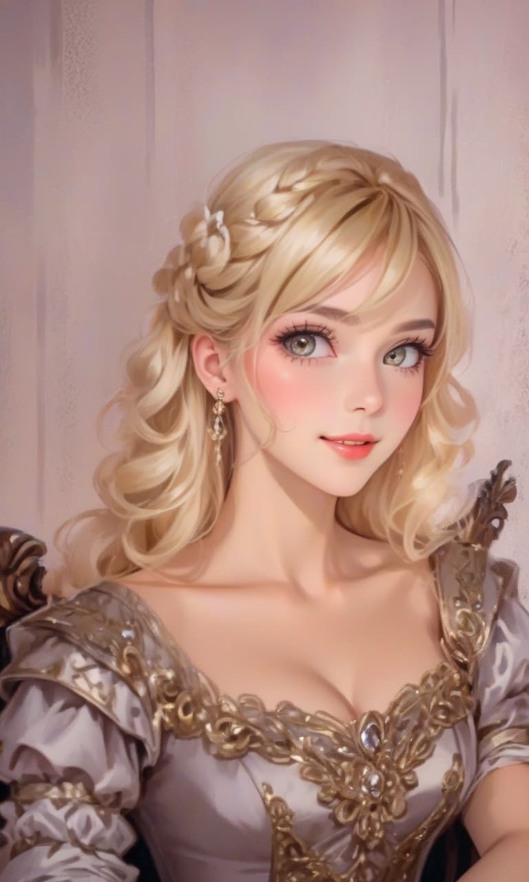  concept art highest quality, ultra high resolution, (photorealistic: 1.4),40 woman, beautiful eyes, very beautiful, blonde beautiful, eyes inviting to view, eyes of a lover, alluring facial expression, smile, perfect style, perfect balance, detailed skin, eyes, glamorous , in a red dress , a lot money, sitting full length on the throne. гламурный постер . digital artwork, ilrative, painterly, matte painting, highly detailed, sticker