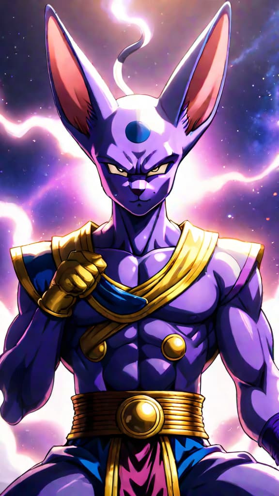  an anime art depicting a contemplative beerus from dragon ball super pondering his strength among other gods. hyperrealistic, full body, detailed clothing, highly detailed, cinematic lighting, stunningly beautiful, intricate, sharp focus, f/1. 8, 85mm, (centered image composition), (professionally color graded), ((bright soft diffused light)), volumetric fog, trending on instagram, trending on tumblr, HDR 4K, 8K