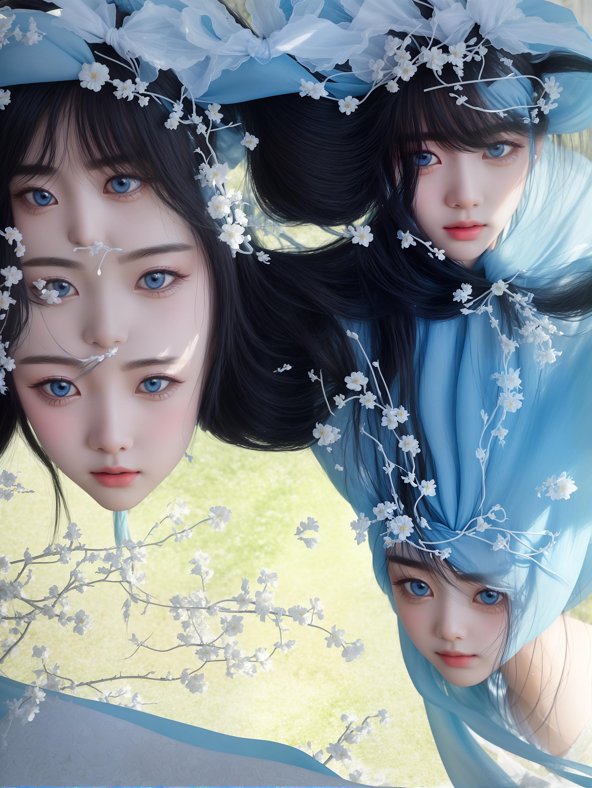  masterpiece, best quality, (fidelity: 1.4), best quality, masterpiece, ultra high resolution, poster, fantasy art, very detailed faces, 8k resolution, chinese style, an woman, side face, quiet, light blue hanfu, tulle coat, long black hair, light blue fringed hair ornament, hairpin, white ribbon, white flower bush, light blue butterfly flying, cinematic lighting effects