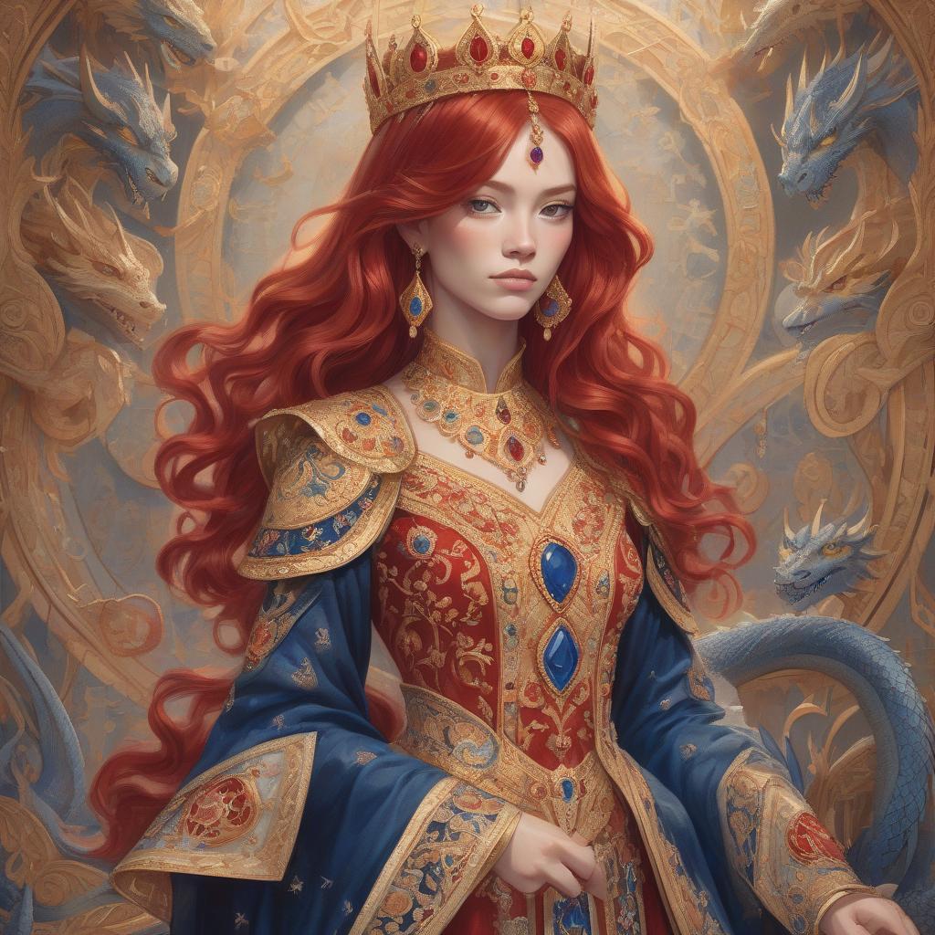  a detailed illustration of a woman with red hair, a golden crown adorned with red and blue gems, and richly embroidered clothing. enhance this picture, and show a dragon sign on it