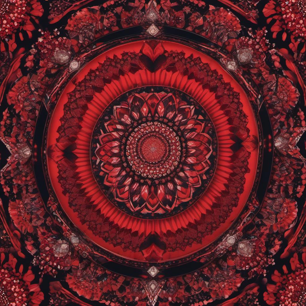  a small, i surrounded by faces and memories with kaleidoscope patterns tinted red, mystical style