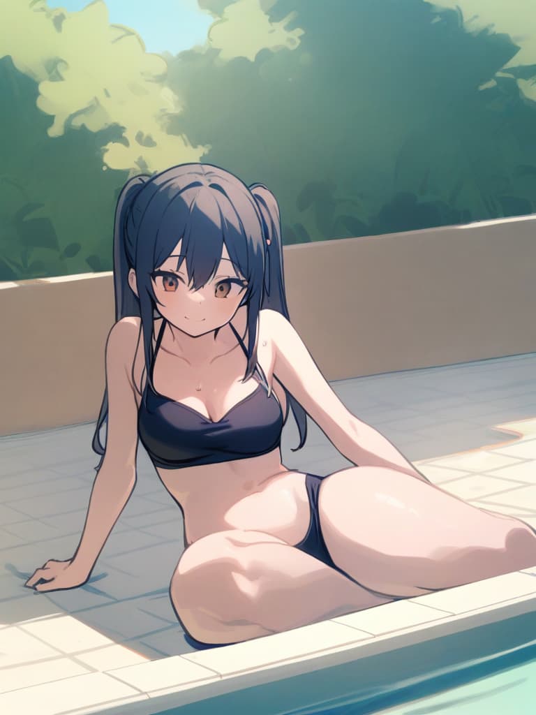  women's elementary students (with male), twin tails, cute smiles, rich s, low stature, dark blue swimwear, old swimwear, , simple, , area, (swelling), male (bulging), front, whole body , poolside,