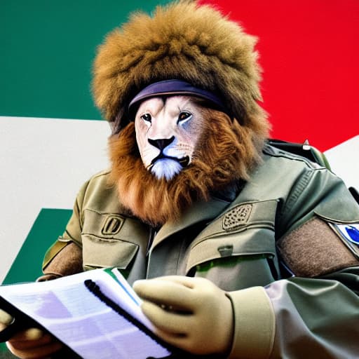 A cute lion wearing modern nato combat gear, looks like a Churchill character smoking a cigarette and perusing a map of Europe with is fellow allies as they decide the next battle strategy against the evil marauding enemy army marching towards the Europeans