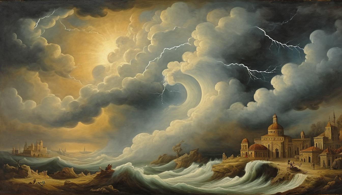  on parchment, surrealism++, a majestic storm with swirling clouds, lightning illuminating the sky, powerful divine presence, force of faith, celestial might(mysterious, provocative, symbolic)++