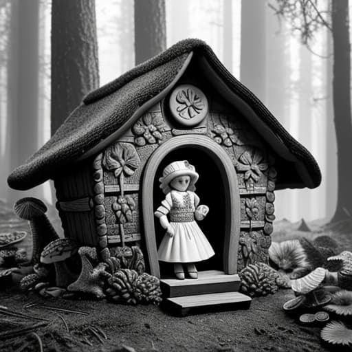  create a coloring book image in black and white for kids about a little girl living in a mushroom house in the forest. hyperrealistic, full body, detailed clothing, highly detailed, cinematic lighting, stunningly beautiful, intricate, sharp focus, f/1. 8, 85mm, (centered image composition), (professionally color graded), ((bright soft diffused light)), volumetric fog, trending on instagram, trending on tumblr, HDR 4K, 8K