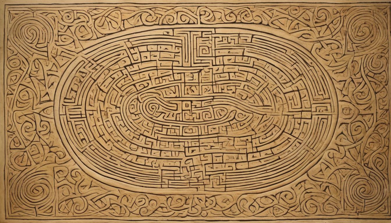  on parchment, surrealism++, an intricate labyrinthine pattern on the ground with a single path carved through it, pathway glowing softly, sense of determination and perseverance(mysterious, provocative, symbolic)++