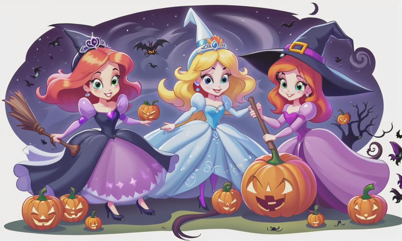  cartoon princesses playing with witches