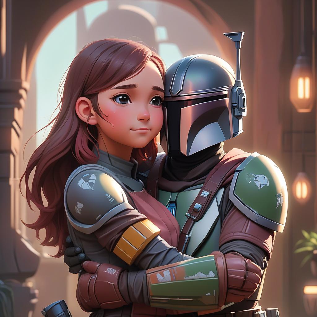  anime artwork mandalorian and girl hugging. . anime style, key visual, vibrant, studio anime, highly detailed