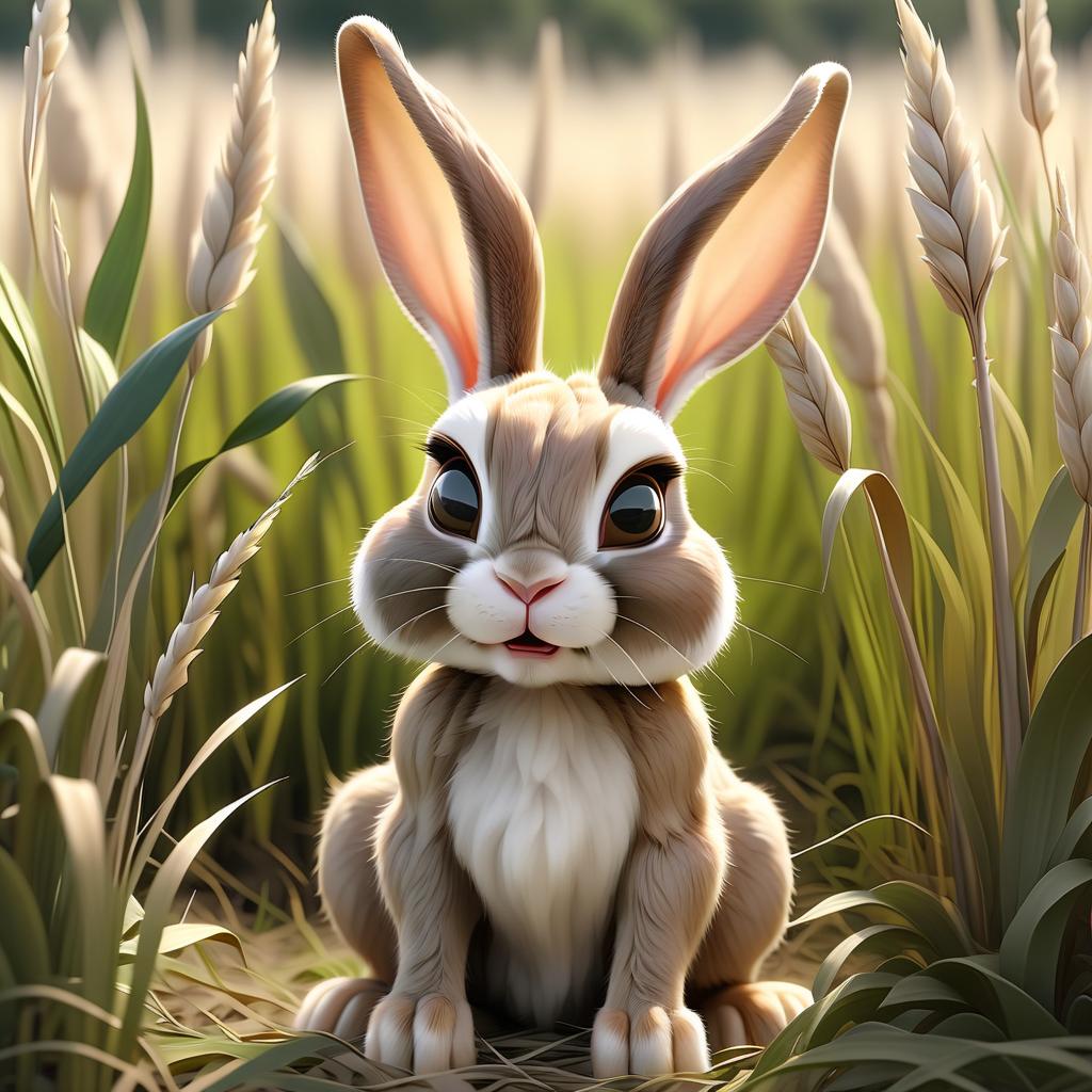  a curious rabbit with incredibly large ears is sitting in the middle of a field with tall grass. one ear is raised. the tall grass around him is bent by the wind