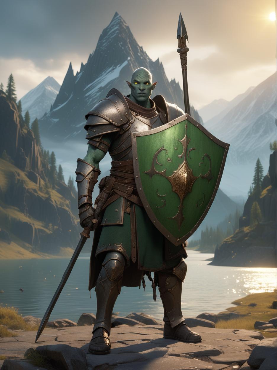  A dnd character, a male githzerai paladin of life, with green/grey skin and brown freckles, holding a small iron mace in a hand and a shield with a metal face in the other , with as background a huge mountain illuminated by a golden light and surrounded by a glowing lake