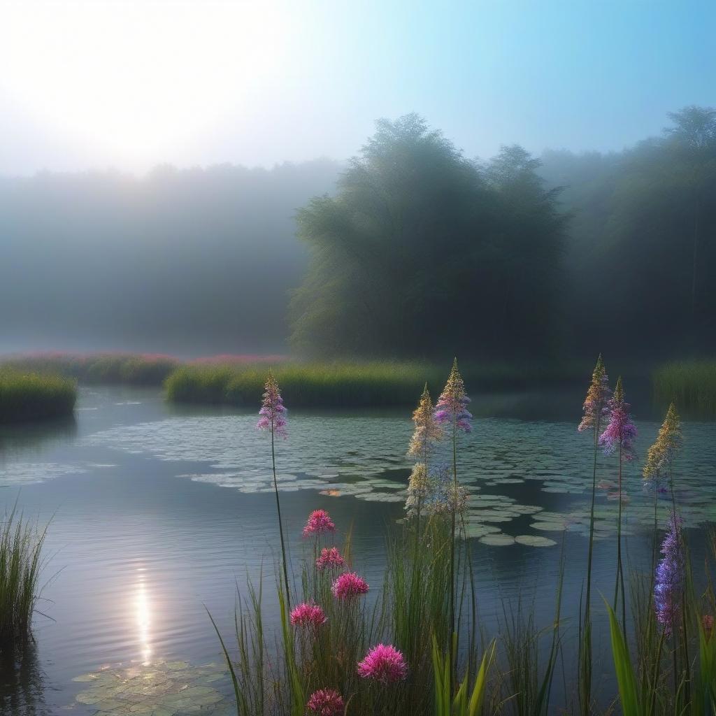  Beautiful forest Flowers on the water Reeds Rainbow hyperrealistic, full body, detailed clothing, highly detailed, cinematic lighting, stunningly beautiful, intricate, sharp focus, f/1. 8, 85mm, (centered image composition), (professionally color graded), ((bright soft diffused light)), volumetric fog, trending on instagram, trending on tumblr, HDR 4K, 8K