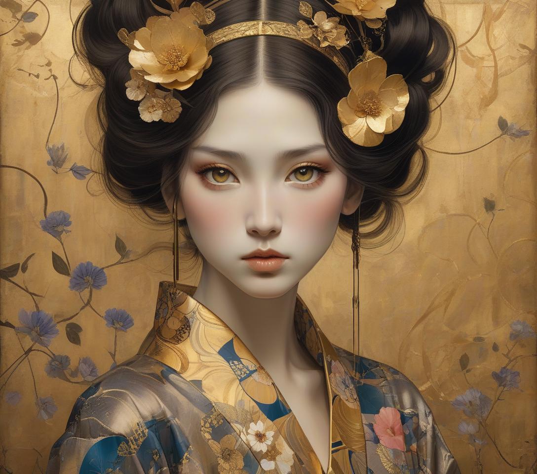  grunge style a mystical artwork with a female figure adorned with floral headpiece and golden attire, exuding an ethereal, otherworldly charm. imagine an intricately detailed image of a steampunk geisha, her vivid eyes with a dreaming look sparkle beneath long lashes. she is dressed in a gossamer silk kimono, embodying high contrast and decorative designs reminiscent of the art deco era. the portrait seamlessly integrates a mixed media collage approach for added dimension and texture. it pays homage to the flat, decorative patterns and vivid, unnatural colors championed by the symbolist movement (gustav klimt) and pre raphaelite (botticelli) artists, rendered with the depth and richness of oil painting. elements of kintsugi, using gold and