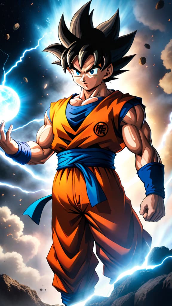  an anime image of goku's spirit bomb gathering energy to potentially destroy a universe. hyperrealistic, full body, detailed clothing, highly detailed, cinematic lighting, stunningly beautiful, intricate, sharp focus, f/1. 8, 85mm, (centered image composition), (professionally color graded), ((bright soft diffused light)), volumetric fog, trending on instagram, trending on tumblr, HDR 4K, 8K