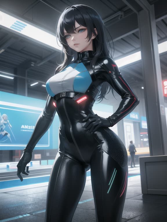  master piece, best quality, ultra detailed, highres, 4k.8k, a young woman, wearing a sleek, blue suit, confident, break futuristic adventure, a sci fi cityscape, holographic displays, futuristic buildings, hovering vehicles, break futuristic and vibrant, energetic and dynamic with neon lighting effects,