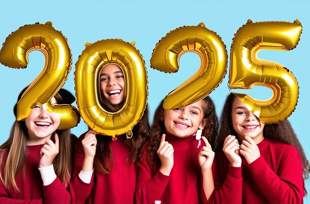  4 smiling cute girls holding foil balloons in the form of numbers "2025" on a light blue background ar 3:2, (natural skin texture), highly detailed face, depth of field, hyperrealism, soft light, muted colors