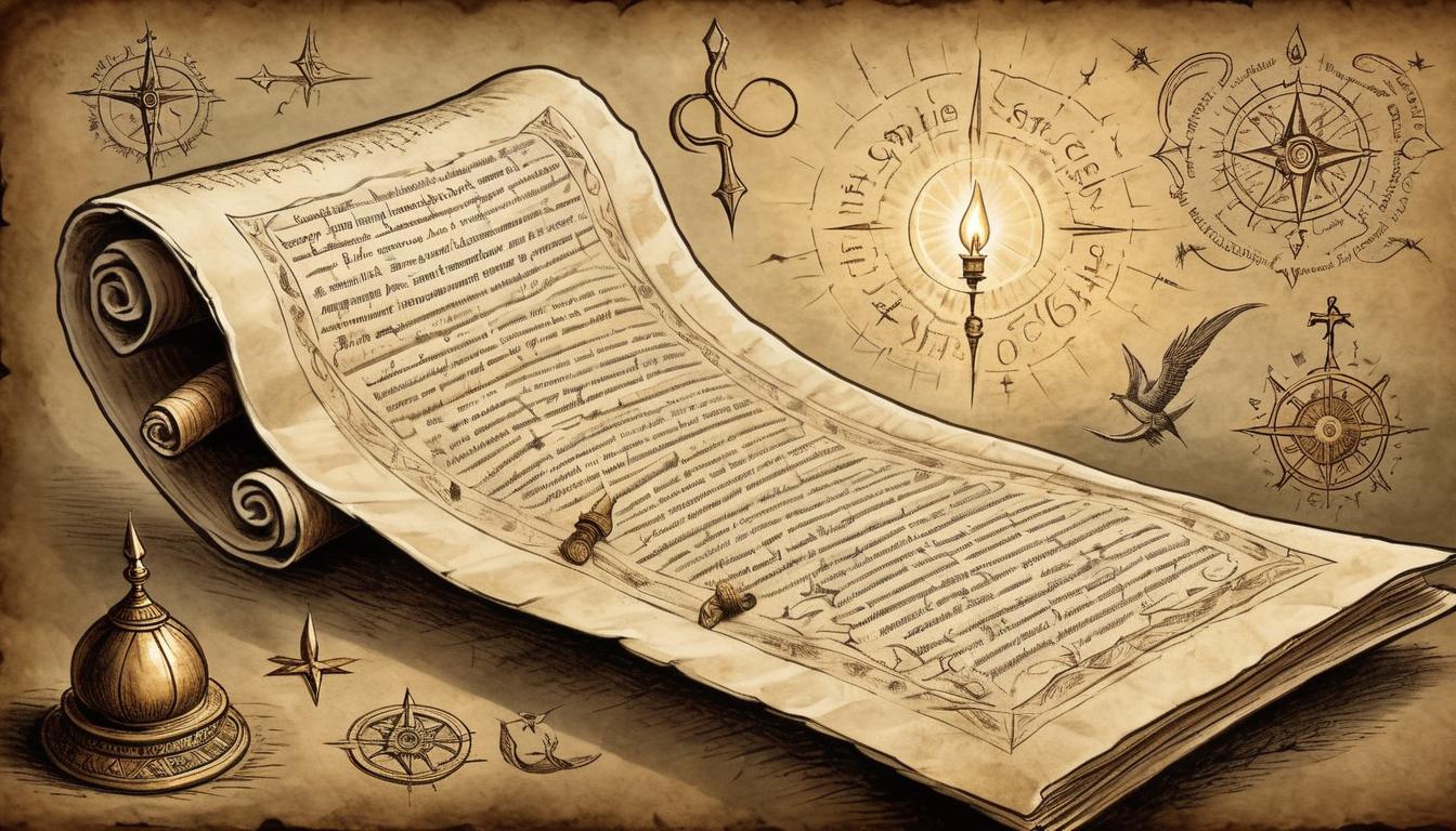  on parchment, surrealism+++, a hand holding an open scroll, filled with prophetic texts and symbols, light emanating from the scroll, enlightening, prophetic(mysterious, provocative, symbolic,muted color)+++