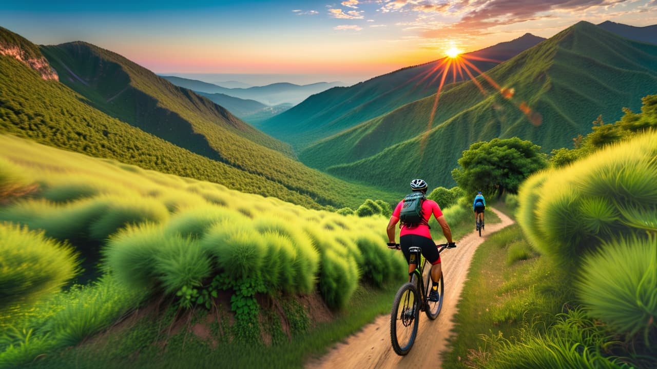  a dynamic scene of a mountain biker navigating a rugged trail, sweat glistening, surrounded by lush greenery and steep hills, with a vibrant sunset casting warm hues over the landscape, emphasizing energy and motion. hyperrealistic, full body, detailed clothing, highly detailed, cinematic lighting, stunningly beautiful, intricate, sharp focus, f/1. 8, 85mm, (centered image composition), (professionally color graded), ((bright soft diffused light)), volumetric fog, trending on instagram, trending on tumblr, HDR 4K, 8K