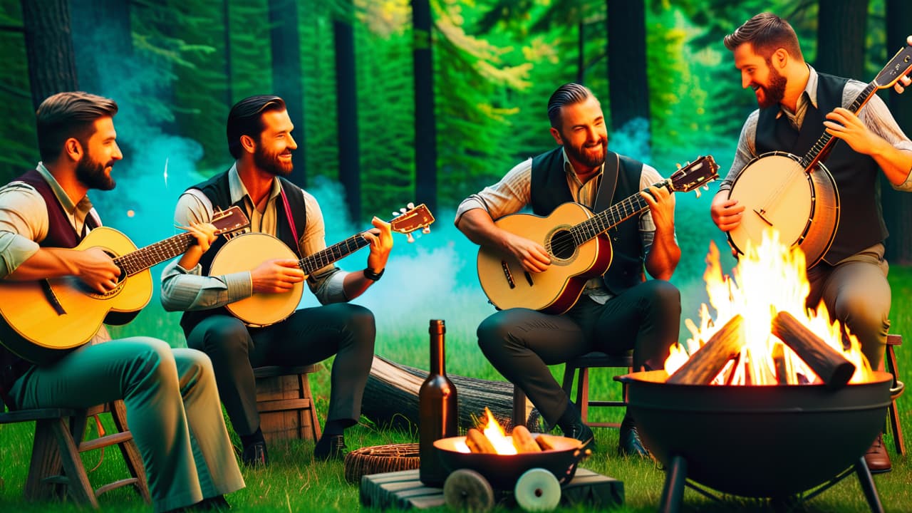  a cozy, rustic scene featuring a diverse group of musicians playing traditional folk instruments like banjos and fiddles around a campfire, with lush green woods in the background and warm, inviting light. hyperrealistic, full body, detailed clothing, highly detailed, cinematic lighting, stunningly beautiful, intricate, sharp focus, f/1. 8, 85mm, (centered image composition), (professionally color graded), ((bright soft diffused light)), volumetric fog, trending on instagram, trending on tumblr, HDR 4K, 8K