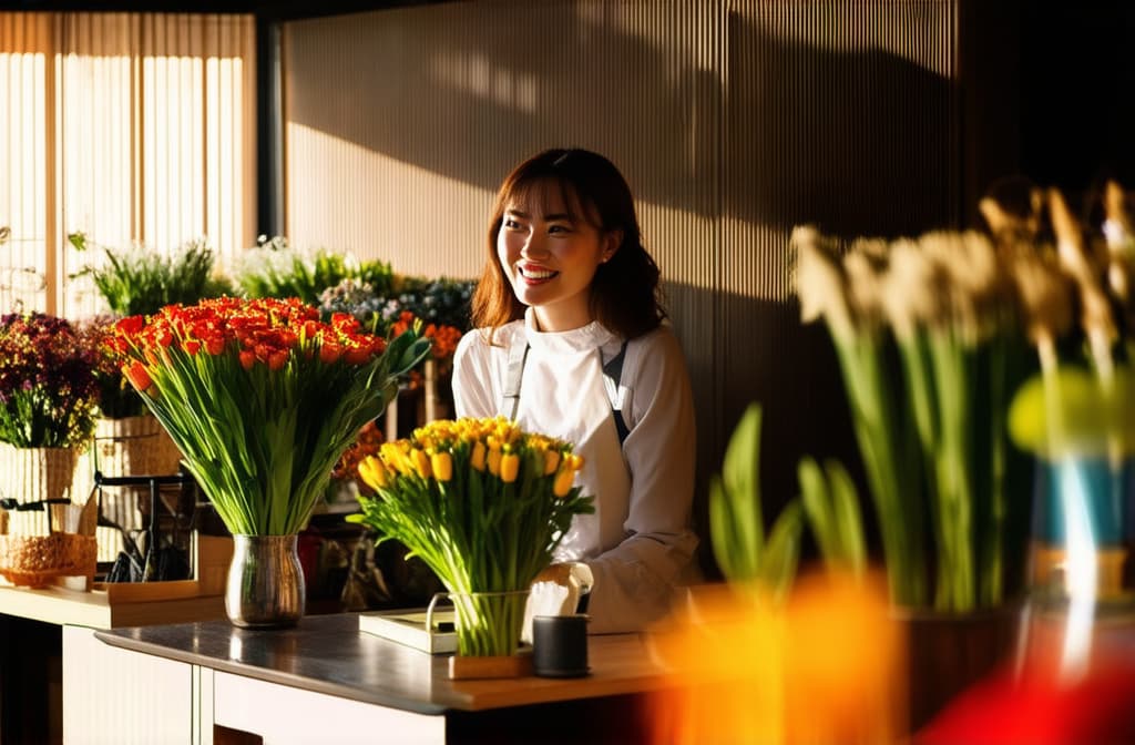  cinematic film style, smiling florist young woman working in florist shop, looking at camera ar 3:2, shallow depth of field, vignette, maximum details, high budget hollywood movie, bokeh, cinemascope, moody, epic, gorgeous, sun rays and shadows on furniture and surfaces, flattering light, raw photo, photography, photorealistic, 8k resolution, f1.4, sharpened focus, sharp focus