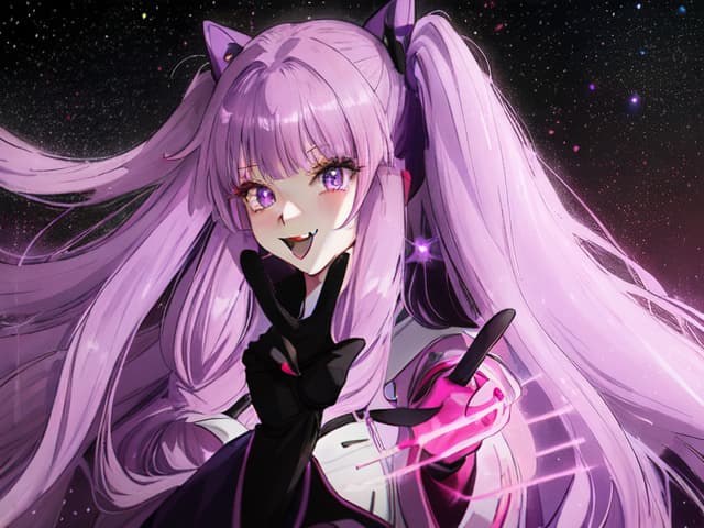  an anime style with long purple hair, sticking out her tongue, making a peace sign with both hands. she has large, starry eyes and a expression. wearing red gloves and a vint outfit, with bright pink and purple tones. the background is white, highlighting her energetic and fun pose. hyperrealistic, full body, detailed clothing, highly detailed, cinematic lighting, stunningly beautiful, intricate, sharp focus, f/1. 8, 85mm, (centered image composition), (professionally color graded), ((bright soft diffused light)), volumetric fog, trending on instagram, trending on tumblr, HDR 4K, 8K