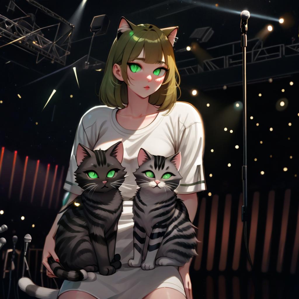  girl with dark green eyes, two furry striped cats, space, spotlights, view from the stage, microphone, music, royal grace