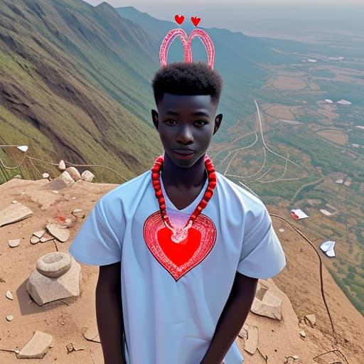  A Ghanaian boy standing beside a clean decorated human heart on top of a mountain