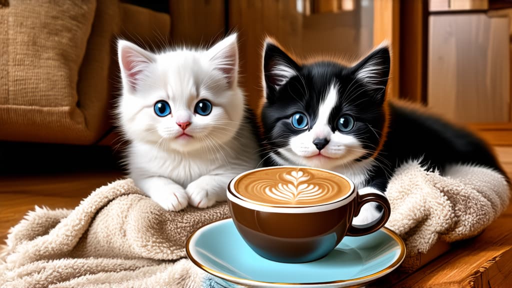  black kitten and white kitten lying on a blanket with a cup of coffee, fluffy art, little blue eyes, cozy home background, cute kittens, realistic image, black and white, cute ten legged, portrait of a little one, cute ar 16:9 {prompt}, maximum details