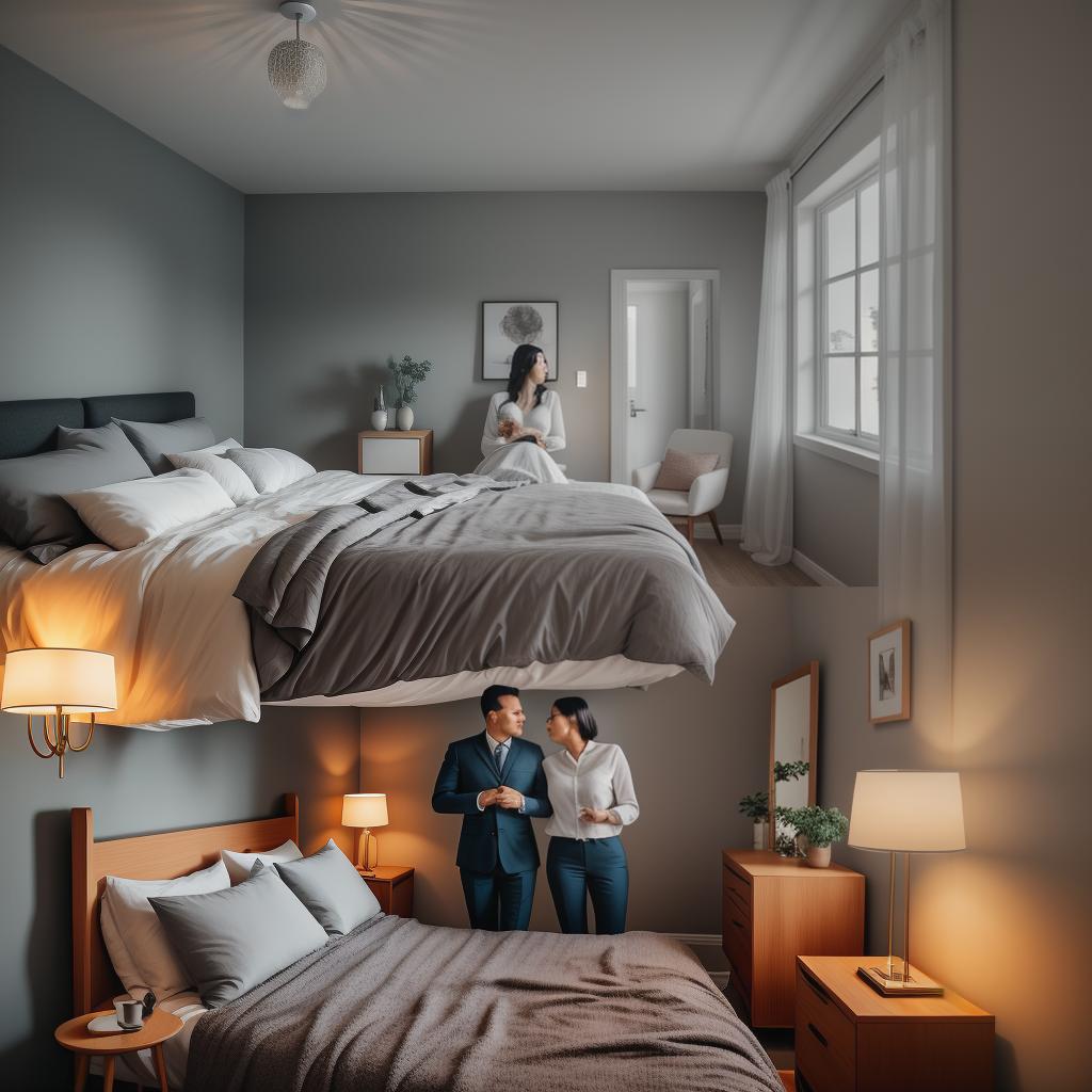  A age couple having in their room hyperrealistic, full body, detailed clothing, highly detailed, cinematic lighting, stunningly beautiful, intricate, sharp focus, f/1. 8, 85mm, (centered image composition), (professionally color graded), ((bright soft diffused light)), volumetric fog, trending on instagram, trending on tumblr, HDR 4K, 8K