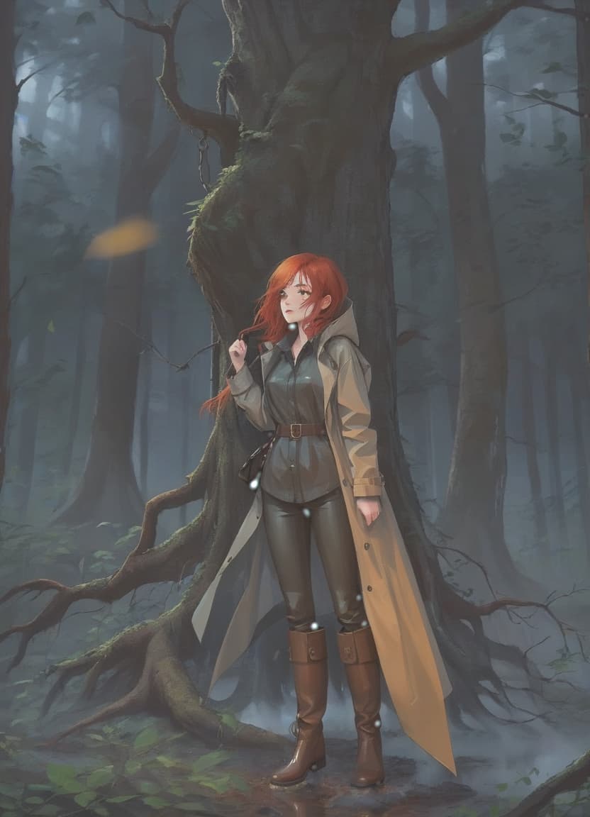  breathtaking the girl stands against the background of a dark forest. she is wearing a raincoat, a shirt, dark trousers and high leather boots. there are straps on the belt and a small leather bag. red hair is visible from under the hood. . award winning, professional, highly detailed