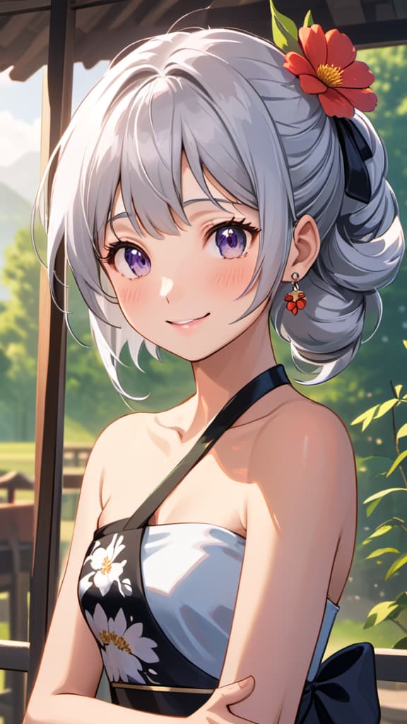  1girl,smile,silver hair,cow shot,, 1girl, hair, hair ornament, , tattoo, flower tattoo, arm tattoo, black sash, ((hadanugi dousa)),(single bare shoulder), upper body, outdoors,Real skin texture, real photos, realistic, mirrors, busts,Flower tattoo, official art, grand art,best quality, high quality,