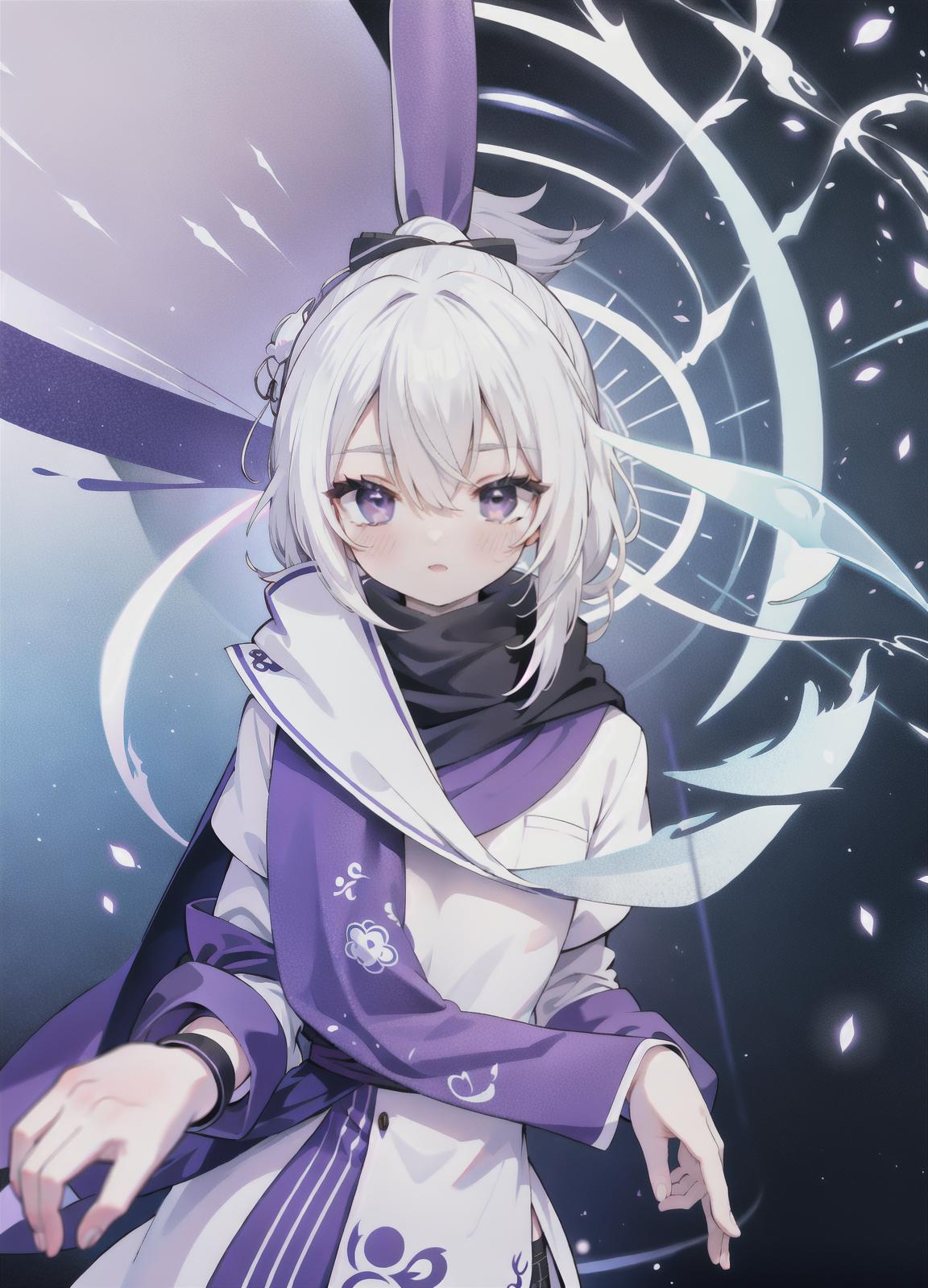  upper body, white hair, ponytail, purple eyes, (ninja), short sword, medium breats ,scarf, wallpaper, magic circle background, light particles, blue fire