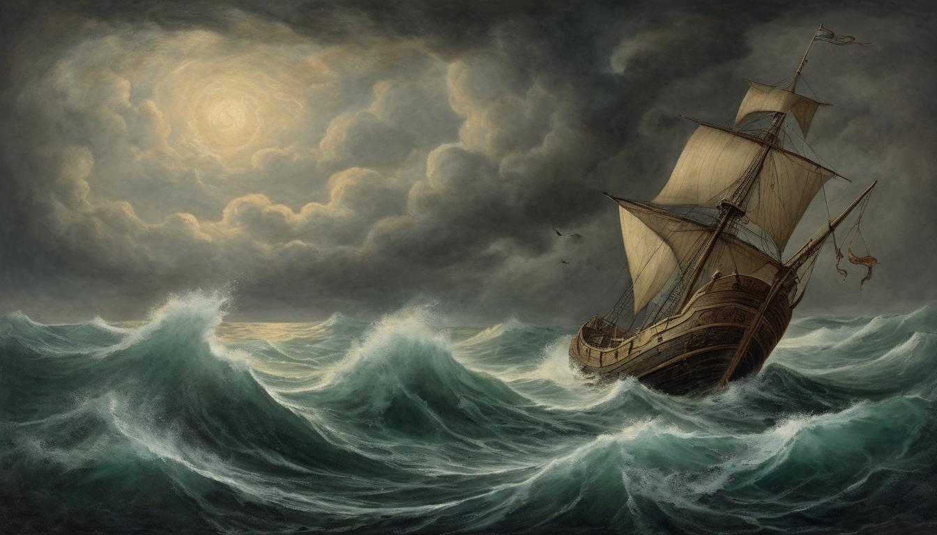  on parchment, surrealism++, a stormy sea with a lone, broken ship, dark clouds overhead, turbulent, divine wrath, end of an era(mysterious, provocative, symbolic)++